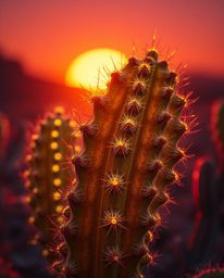 A detailed close-up view of a desert cactus, reimagined in a futuristic, sci-fi style as it glows in the setting sun. This ar