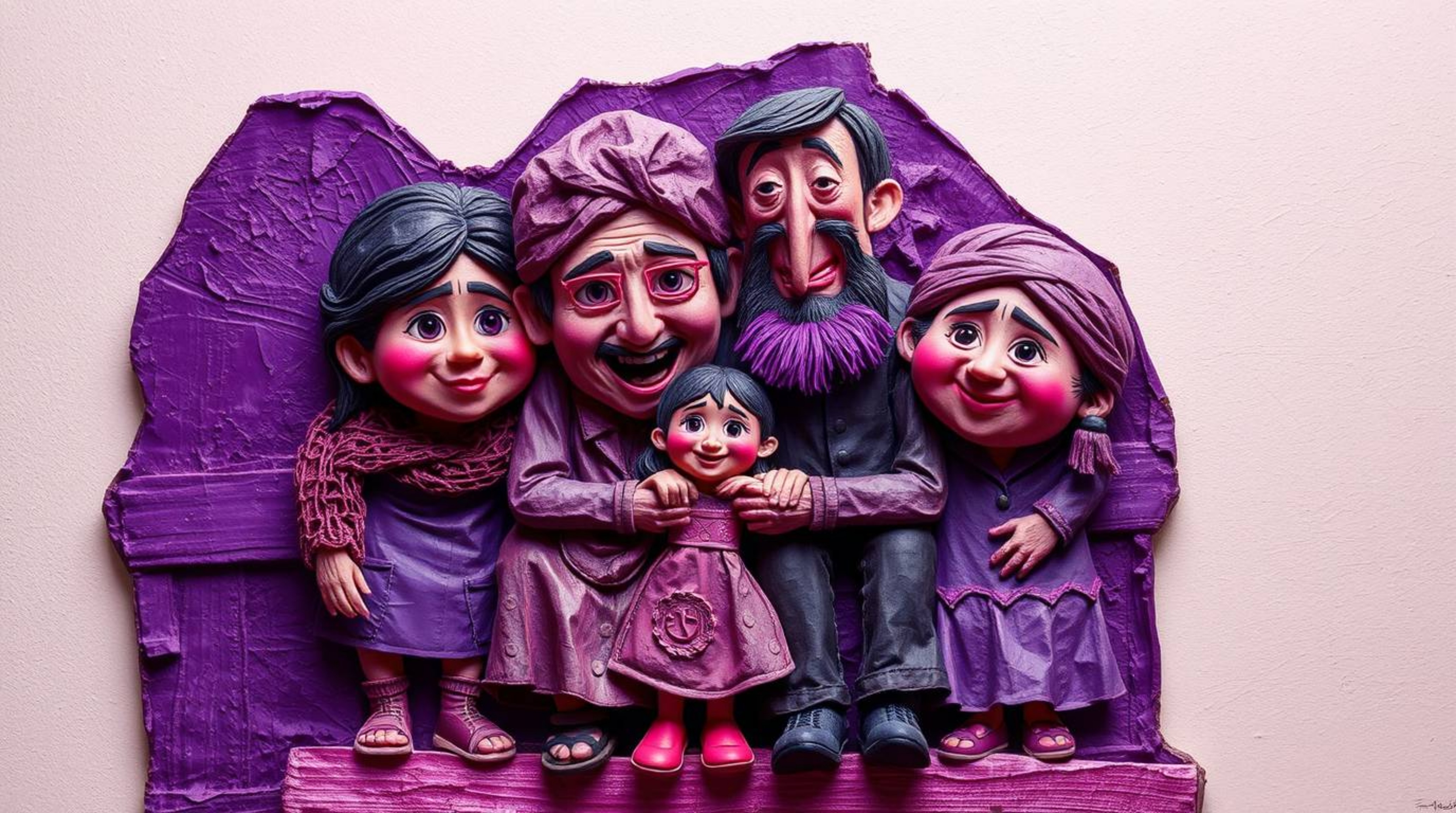 This artwork depicts a heartwarming family reunion in the style of Pixar, rendered as a textured papier-mâché sculpture. The 