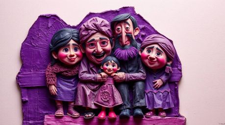 This artwork depicts a heartwarming family reunion in the style of Pixar, rendered as a textured papier-mâché sculpture. The 