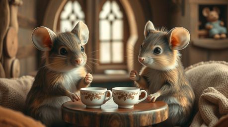 High-resolution stock photo featuring anthropomorphic mice with soft fur and gentle expressions, sharing tea in a cozy cottag