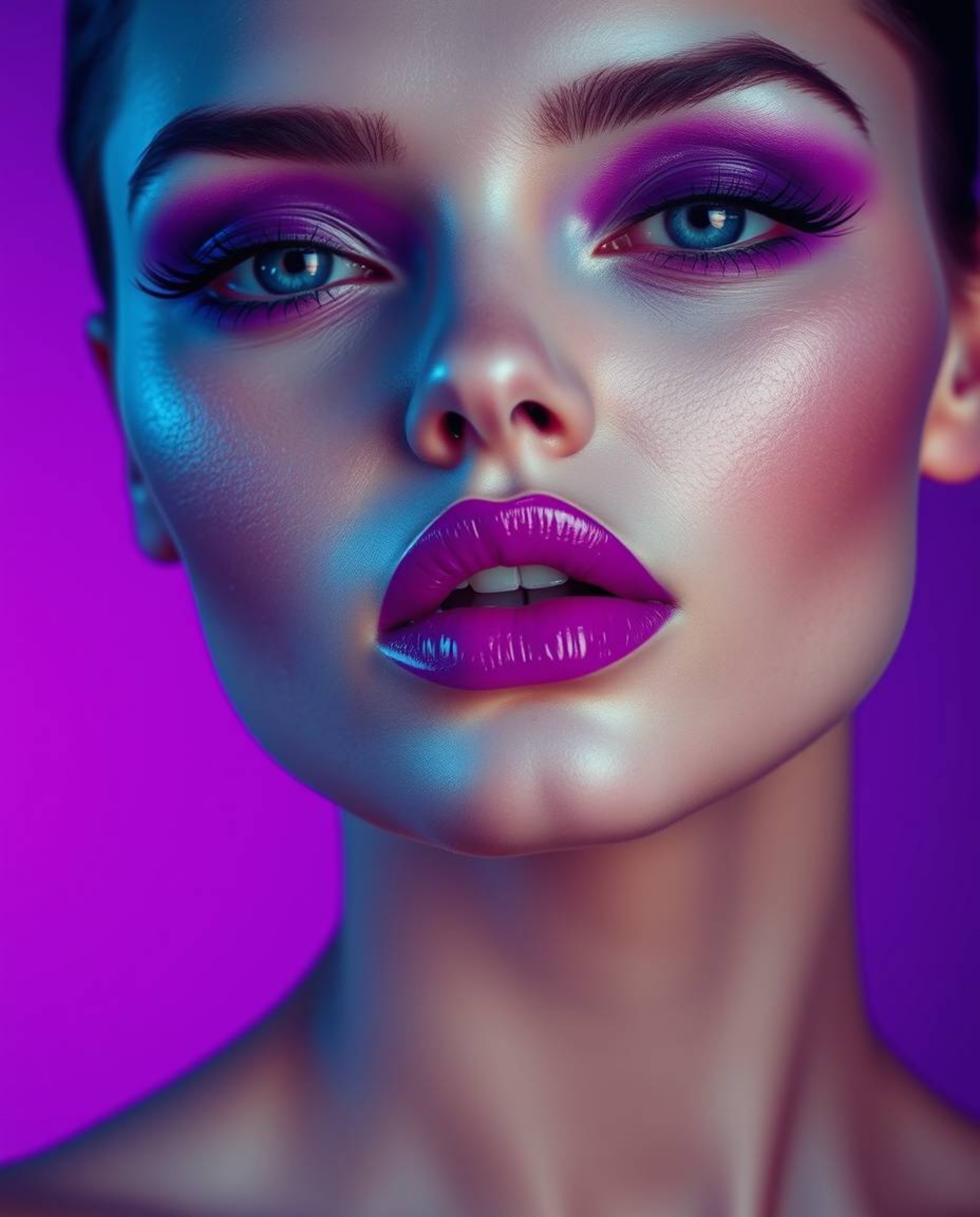 An elegant image featuring deep ultraviolet hues and refined features, sharply contrasted against a minimal background.  A so