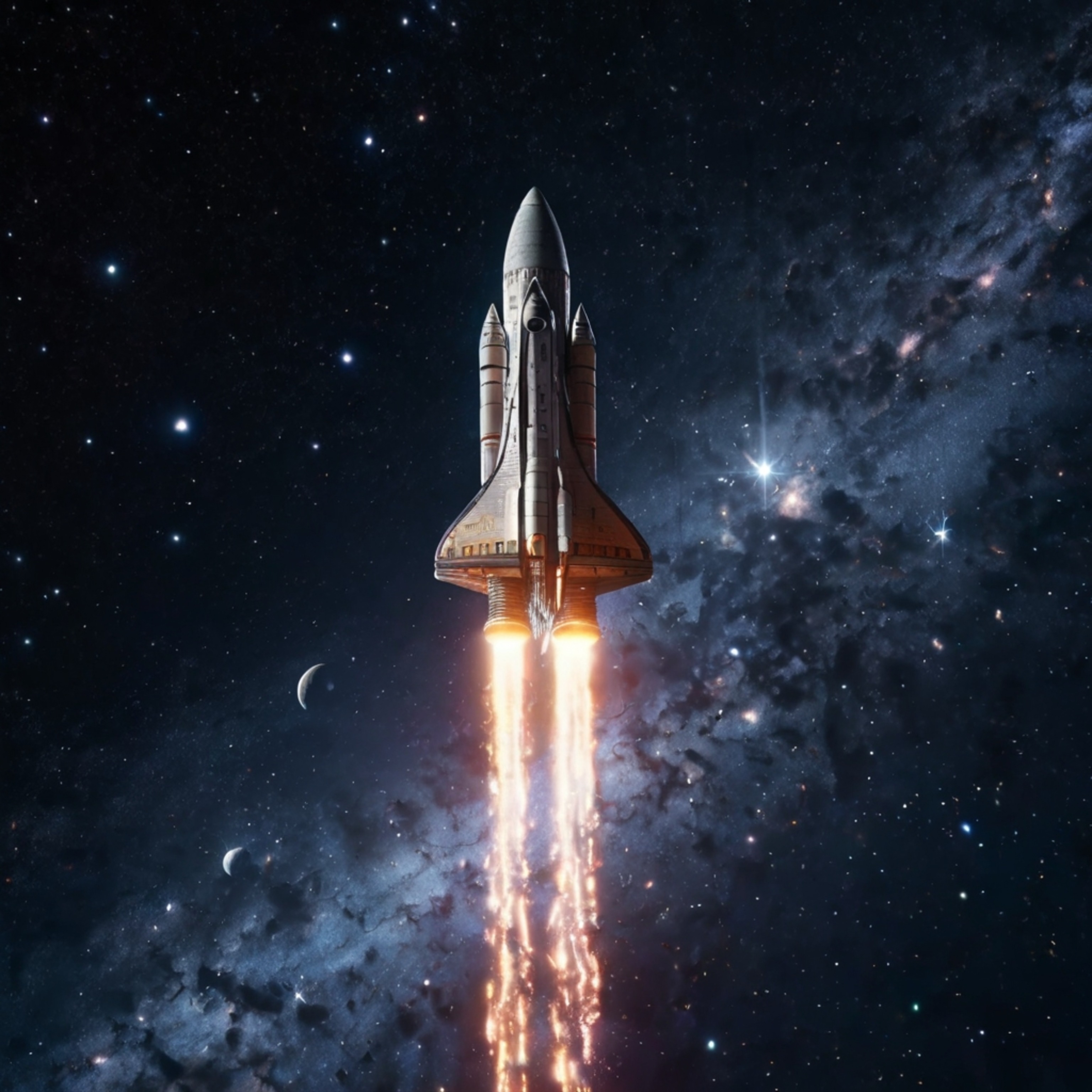 A captivating 3D render showcases a spaceship gracefully soaring through a breathtaking galaxy filled with countless stars. T