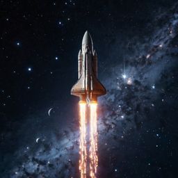 A captivating 3D render showcases a spaceship gracefully soaring through a breathtaking galaxy filled with countless stars. T