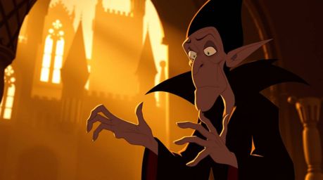 A gaunt Disney villain, cloaked in dark attire, performs a spell within the aged walls of a castle. Bathed in the warm, soft 