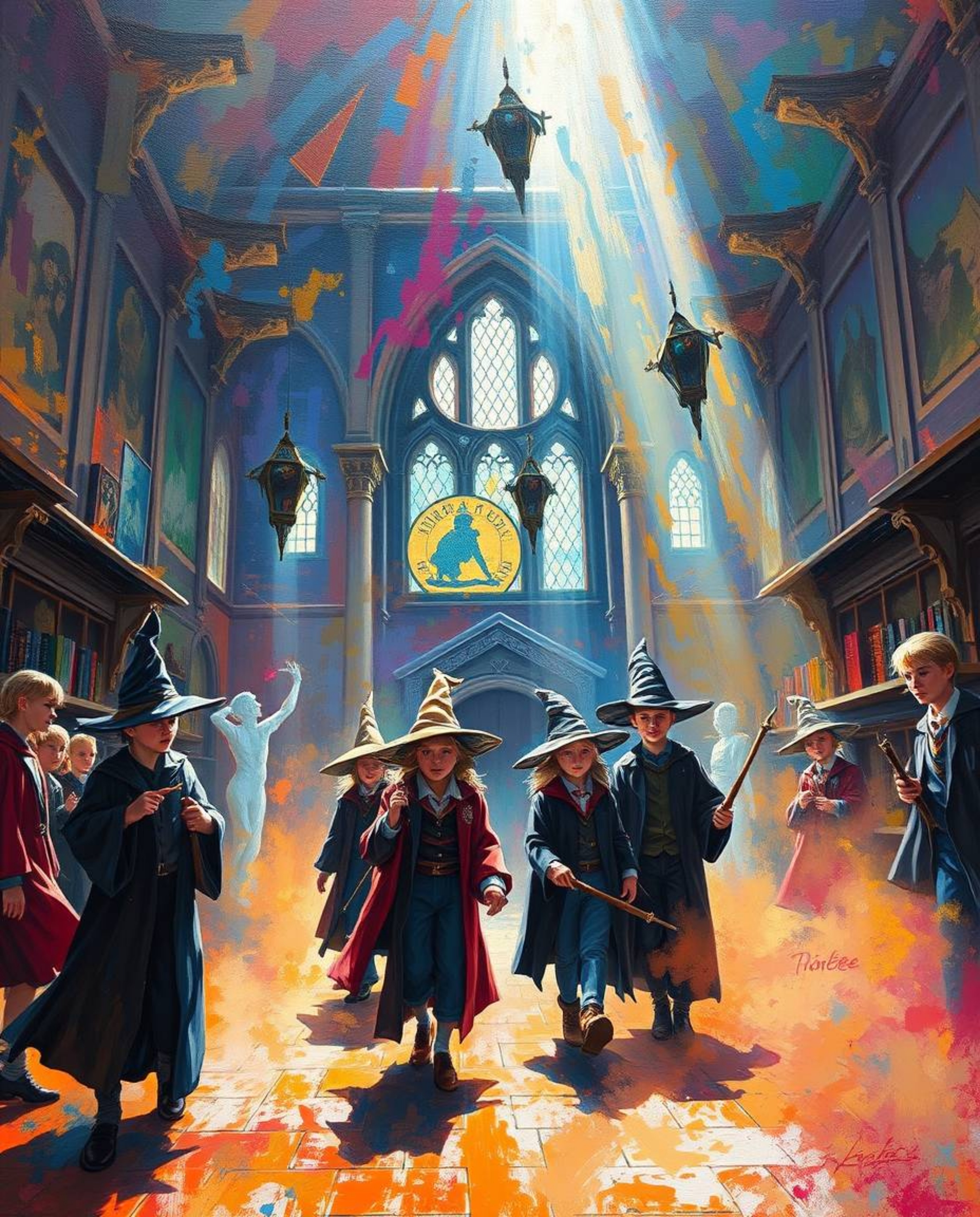 A captivating acrylic painting depicts a magical school teeming with young wizards, viewed from a striking low angle. The art