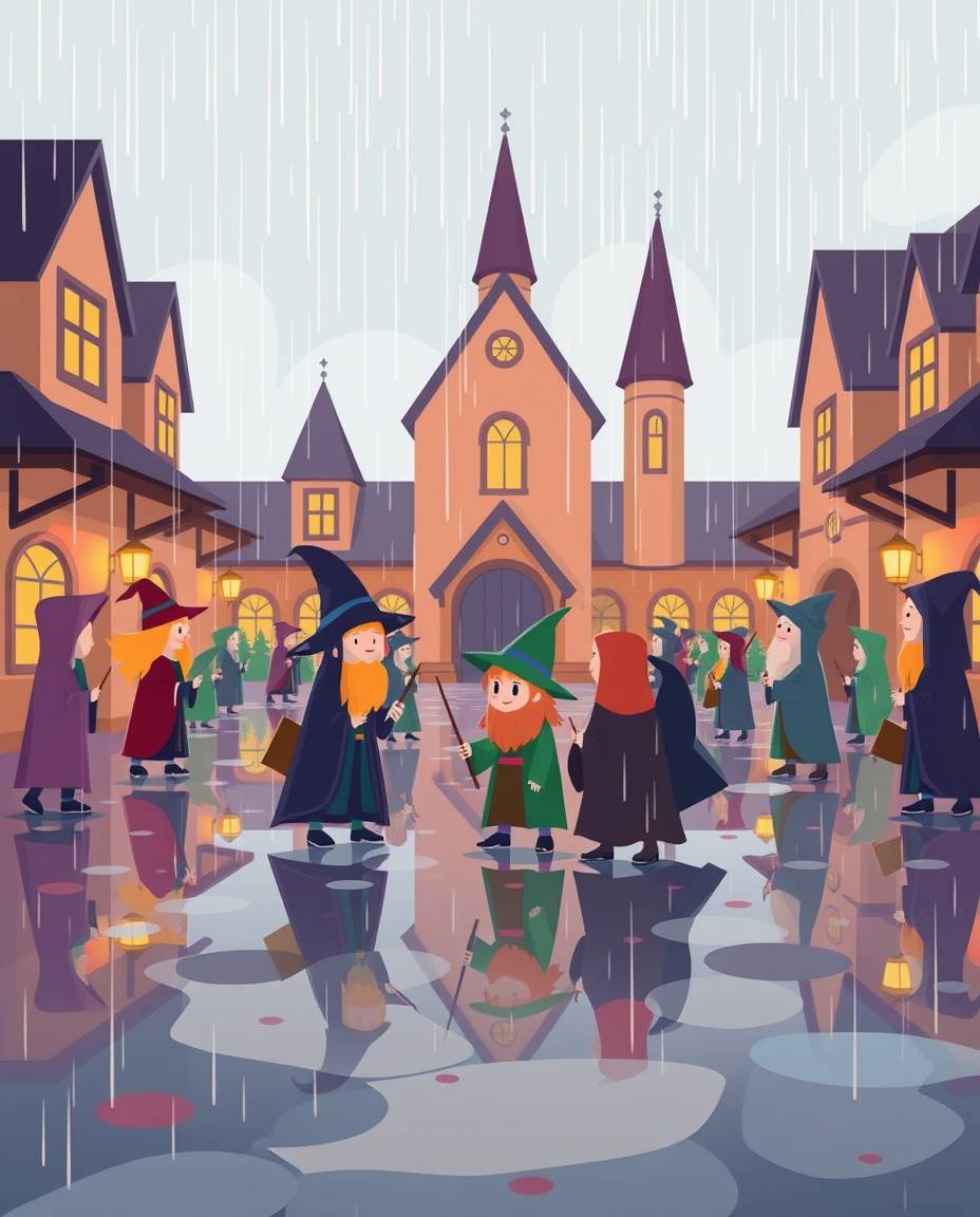 Explore a modern flat design illustration of a magical school teeming with young wizards, all set against a wet and rainy bac