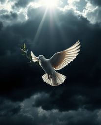 A powerful image depicting a dove carrying an olive branch through stormy skies, rendered in intense jet black with bright le