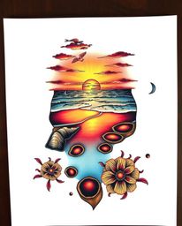 An overhead bird's-eye view of a traditional tattoo art print captures a vibrant sunset sky mirrored in the tidal pools of a 
