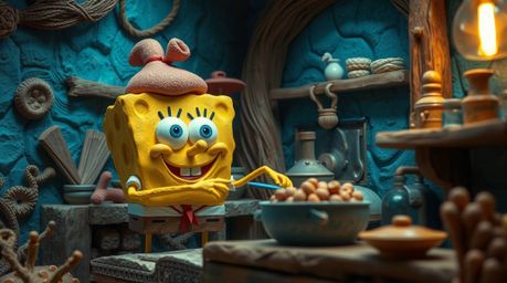 A whimsical 3D rendering showcases a charming sponge character skillfully preparing a meal in a vibrant underwater kitchen.  