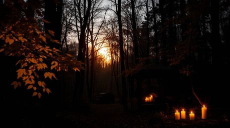 Experience the serene beauty of autumn with this timeless black and white photograph.  A captivating scene of a forest bathed