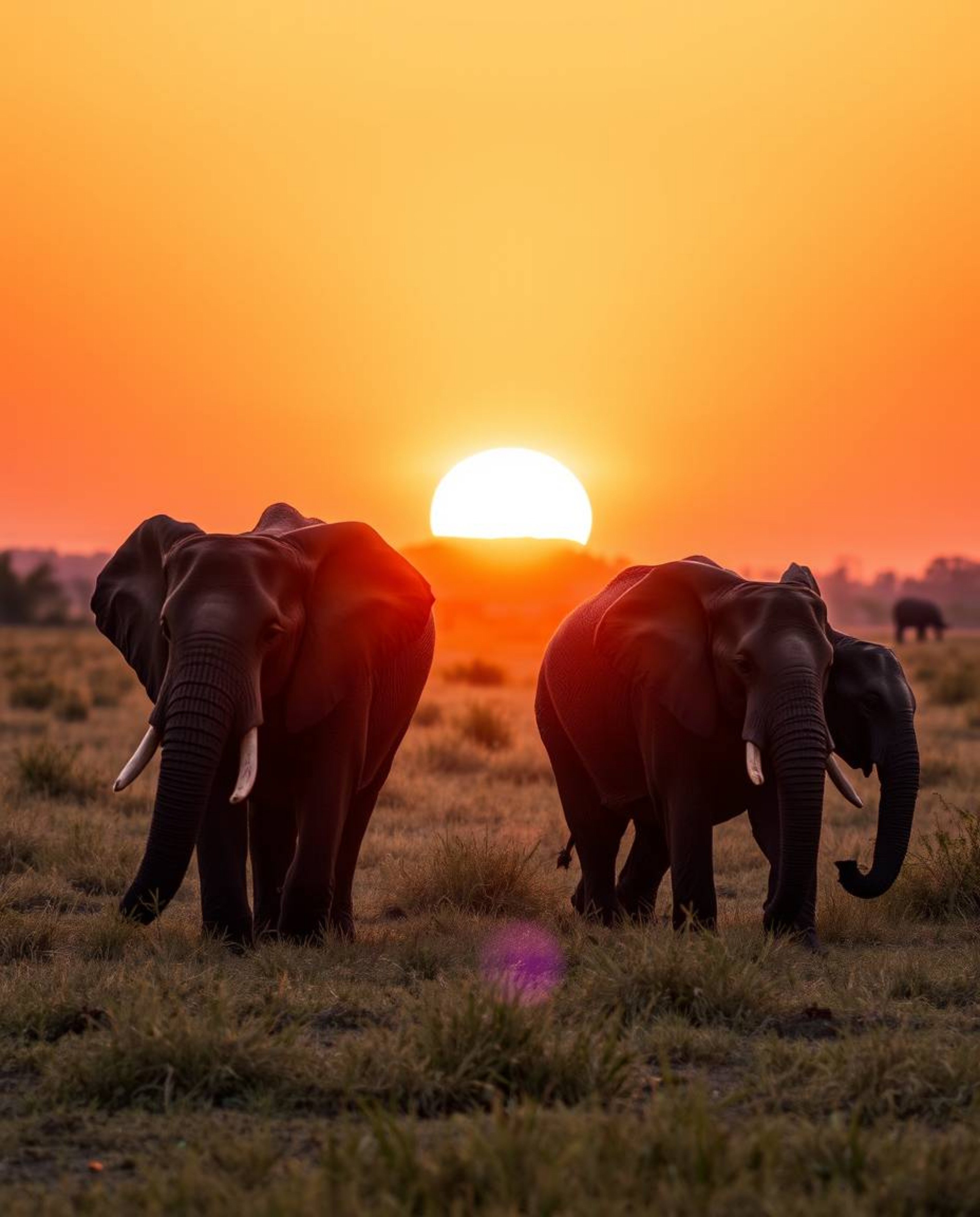 A long exposure photograph of elephants walking across a field at sunset, featuring a bright lens flare, light trails, vibran