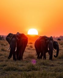 A long exposure photograph of elephants walking across a field at sunset, featuring a bright lens flare, light trails, vibran