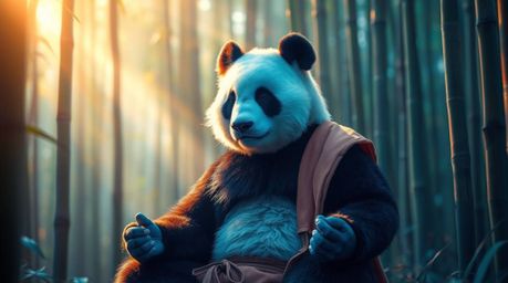 A captivating digital artwork depicting a martial artist panda in serene meditation within a bamboo forest. Bathed in natural
