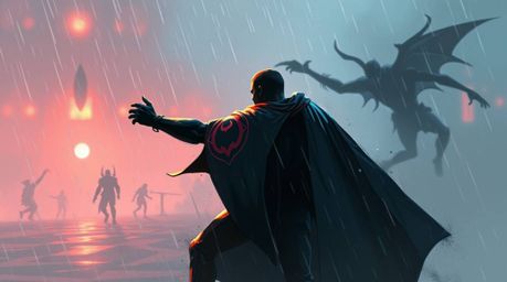 A superhero with a cape battles a silly villain in a drizzling rain, captured in a misty, atmospheric digital sketch.  The im