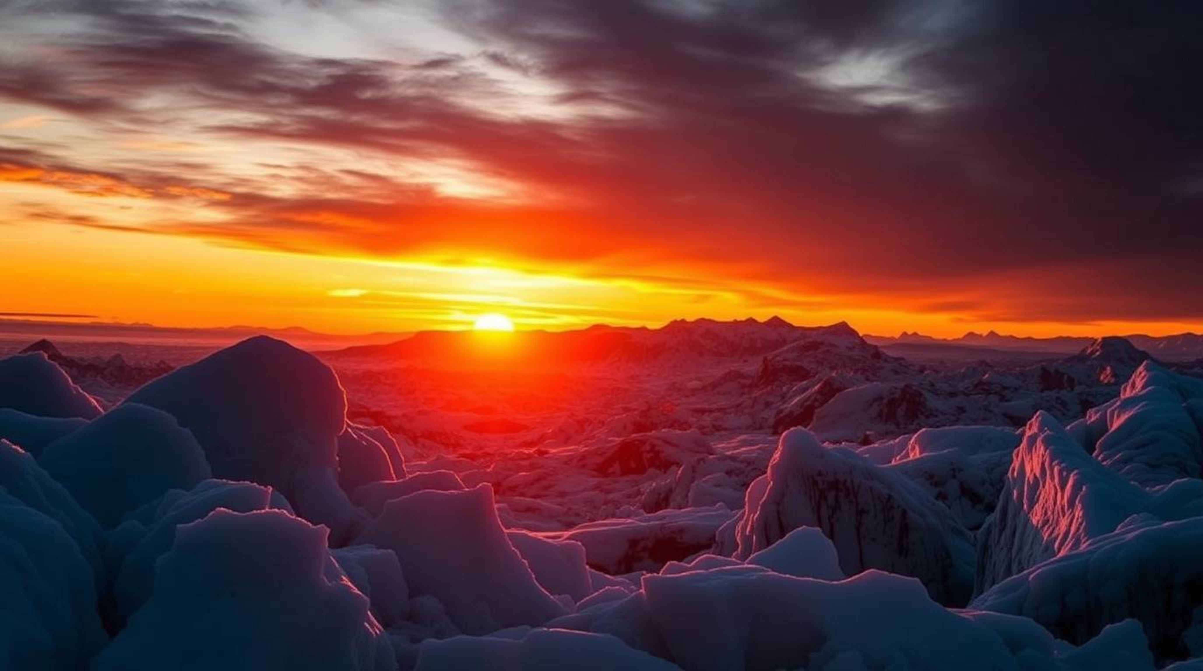 Capture the breathtaking beauty of a polar sunset over icy glaciers with this high-resolution stock photo. The image features