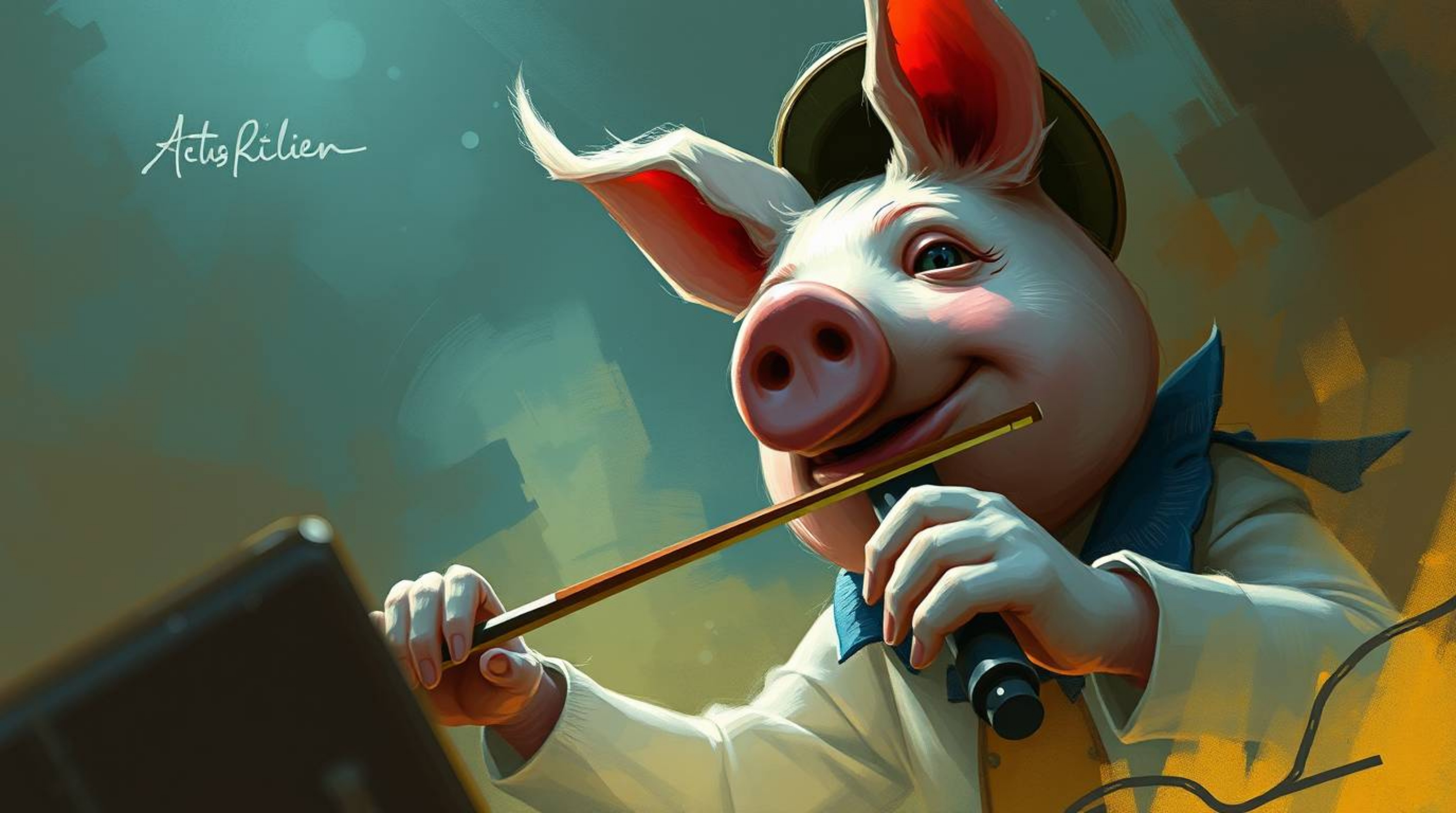 A dynamic digital painting showcases a whimsical pig character conducting an orchestra in an extreme close-up. Loose painterl