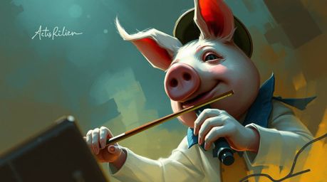 A dynamic digital painting showcases a whimsical pig character conducting an orchestra in an extreme close-up. Loose painterl
