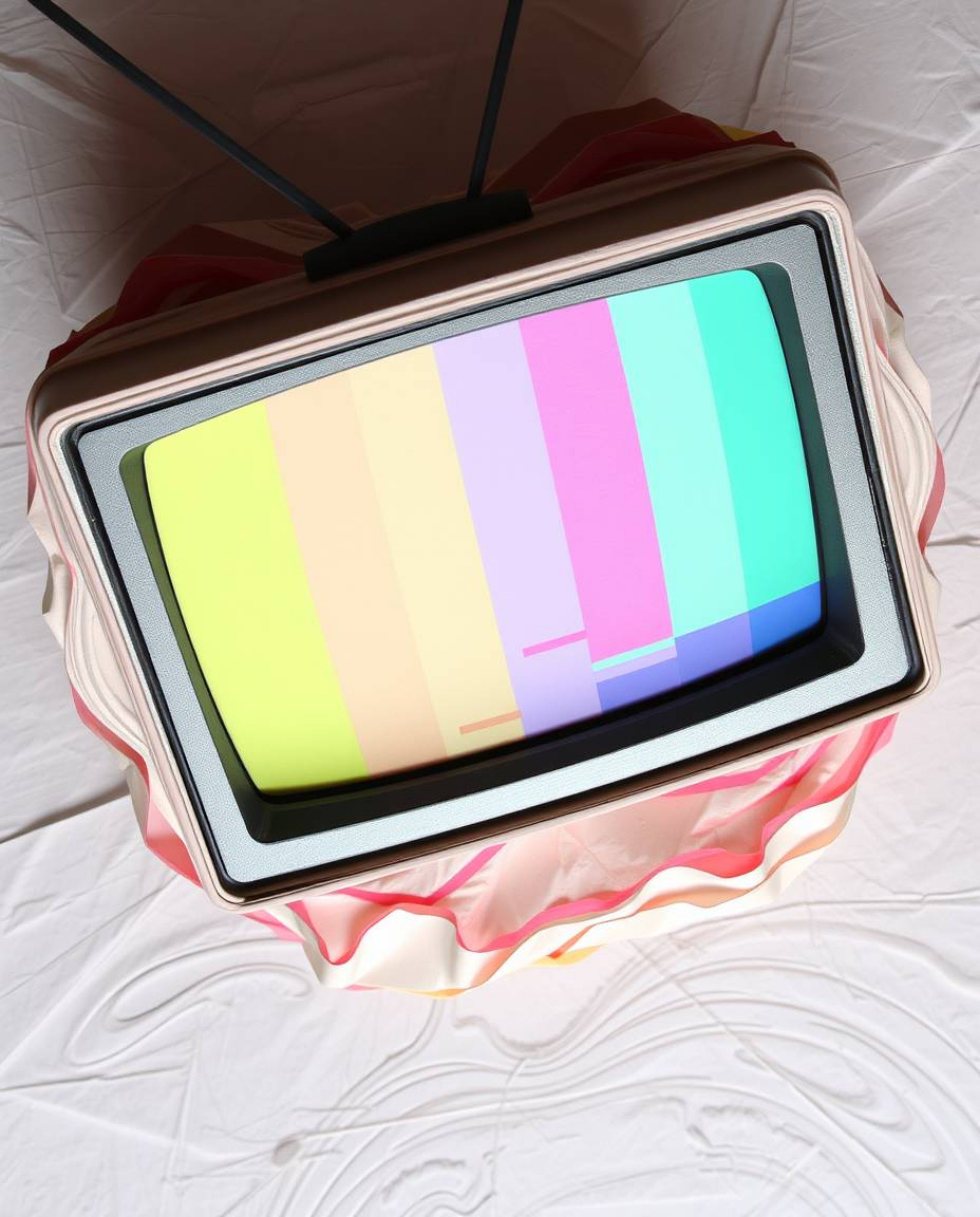 An overhead bird's eye view presents a layered papier-mâché creation, featuring a retro-style TV screen displaying glitch sta