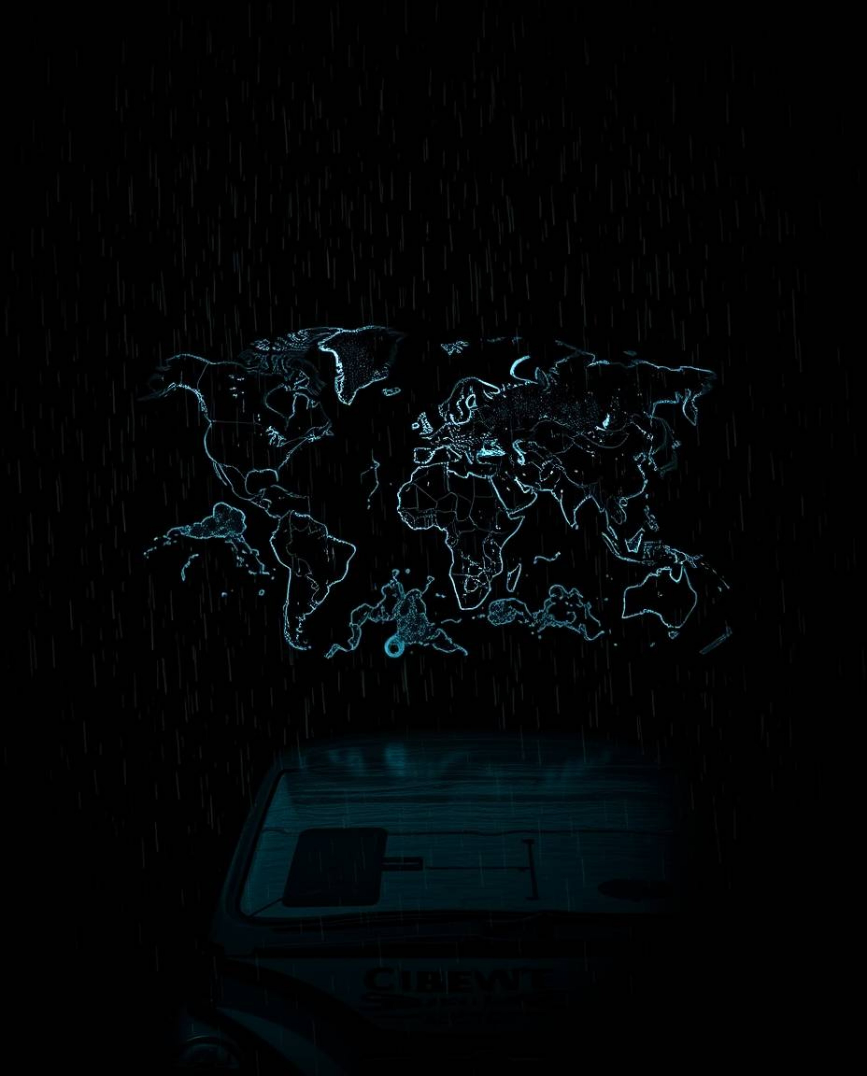 Immerse yourself in a captivating scene featuring a wet and rainy environment, where an intense, jet-black glowing map projec