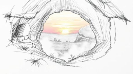 A stunning extreme macro close-up showcasing a sunset viewed through a desert rock arch.  Rendered in a hand-drawn sketch sty