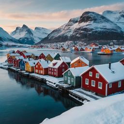 Discover a charming Scandinavian village, where colorful wooden houses stand adorned with snow-covered roofs, overlooking a p