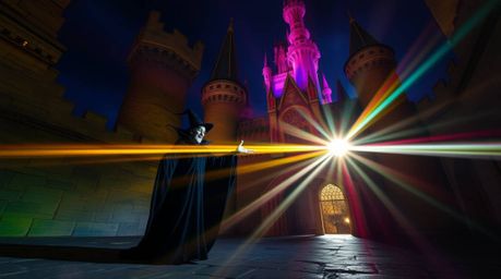 A captivating long exposure photograph depicts a classic Disney villain casting a spell within an ancient castle. Vibrant co