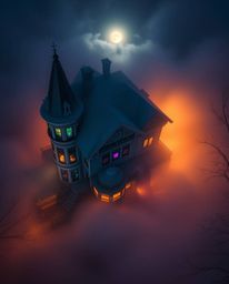 An overhead bird’s eye view photograph captures a fog-covered Victorian mansion bathed in ethereal moonlight, creating a mesm