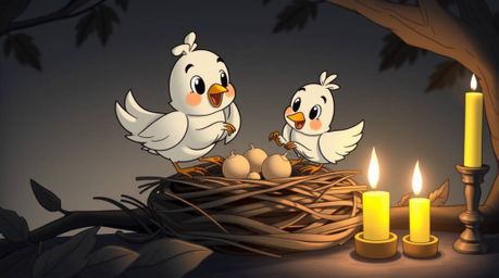 Two charming cartoon birds are diligently building a nest in a style reminiscent of classic black and white animation. The wa