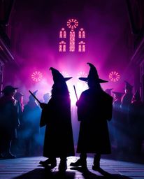Experience the enchanting atmosphere of a magical school through silhouetted figures of young wizards, dramatically backlit b