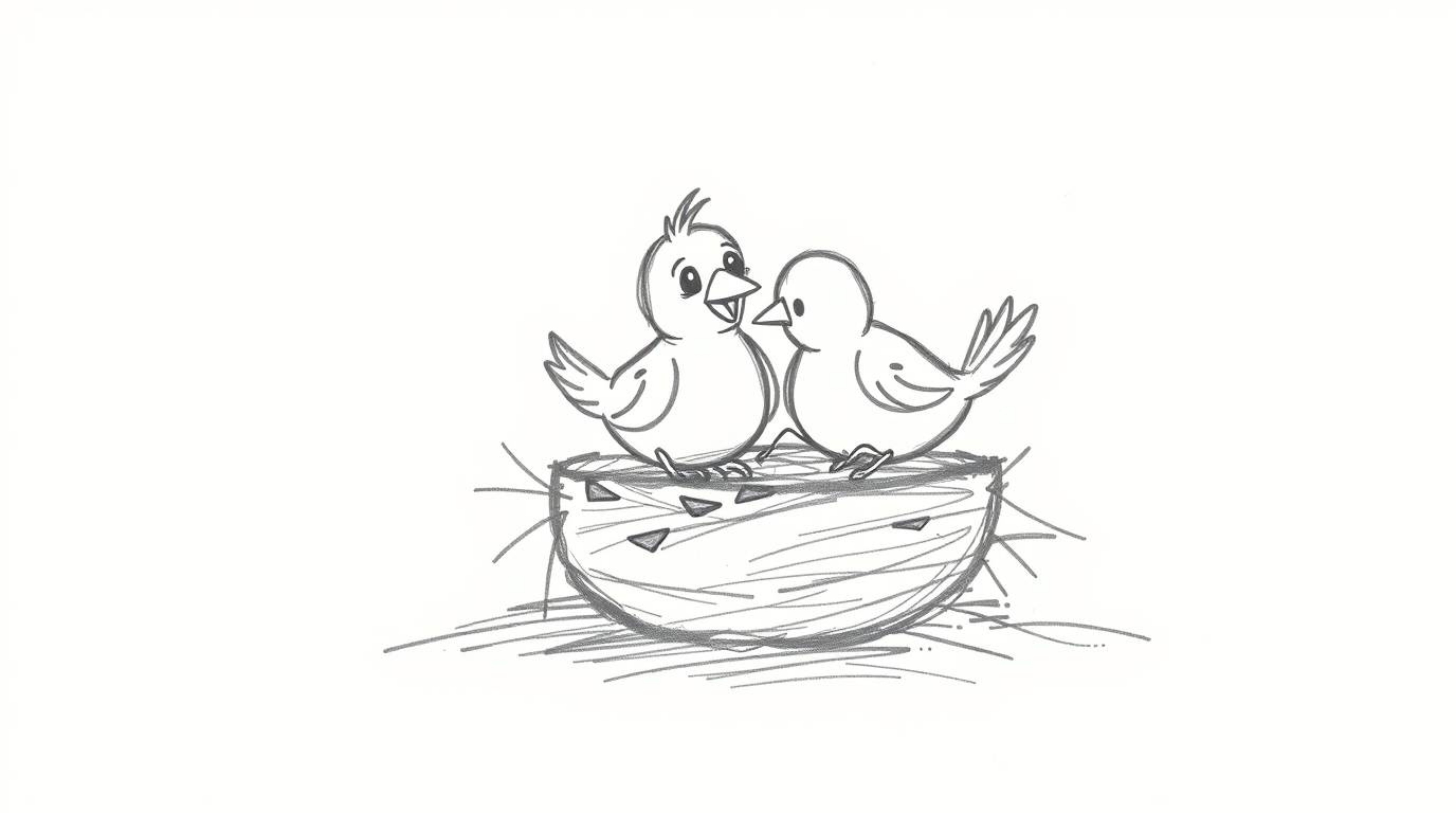 A charming hand-drawn sketch in the style of classic animation features two cartoon birds diligently constructing a nest. The