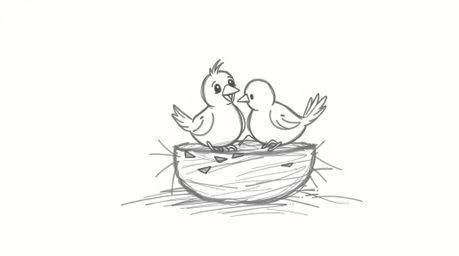 A charming hand-drawn sketch in the style of classic animation features two cartoon birds diligently constructing a nest. The