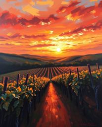 A classic oil painting depicts a dynamic, in-motion sunset over a vineyard. The artwork is characterized by rich textures and