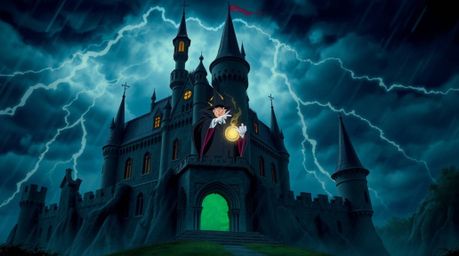 A classic Disney villain is captured in a dramatic scene, casting a powerful spell within the ancient walls of a castle durin