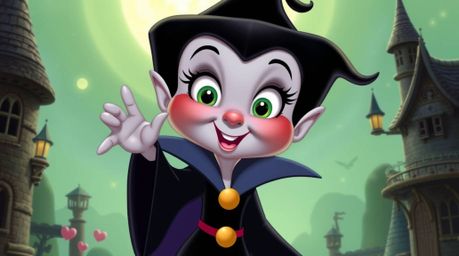 An adorable and cute classic Disney villain with captivating large eyes, rosy cheeks, and a charming smile casts a spell with