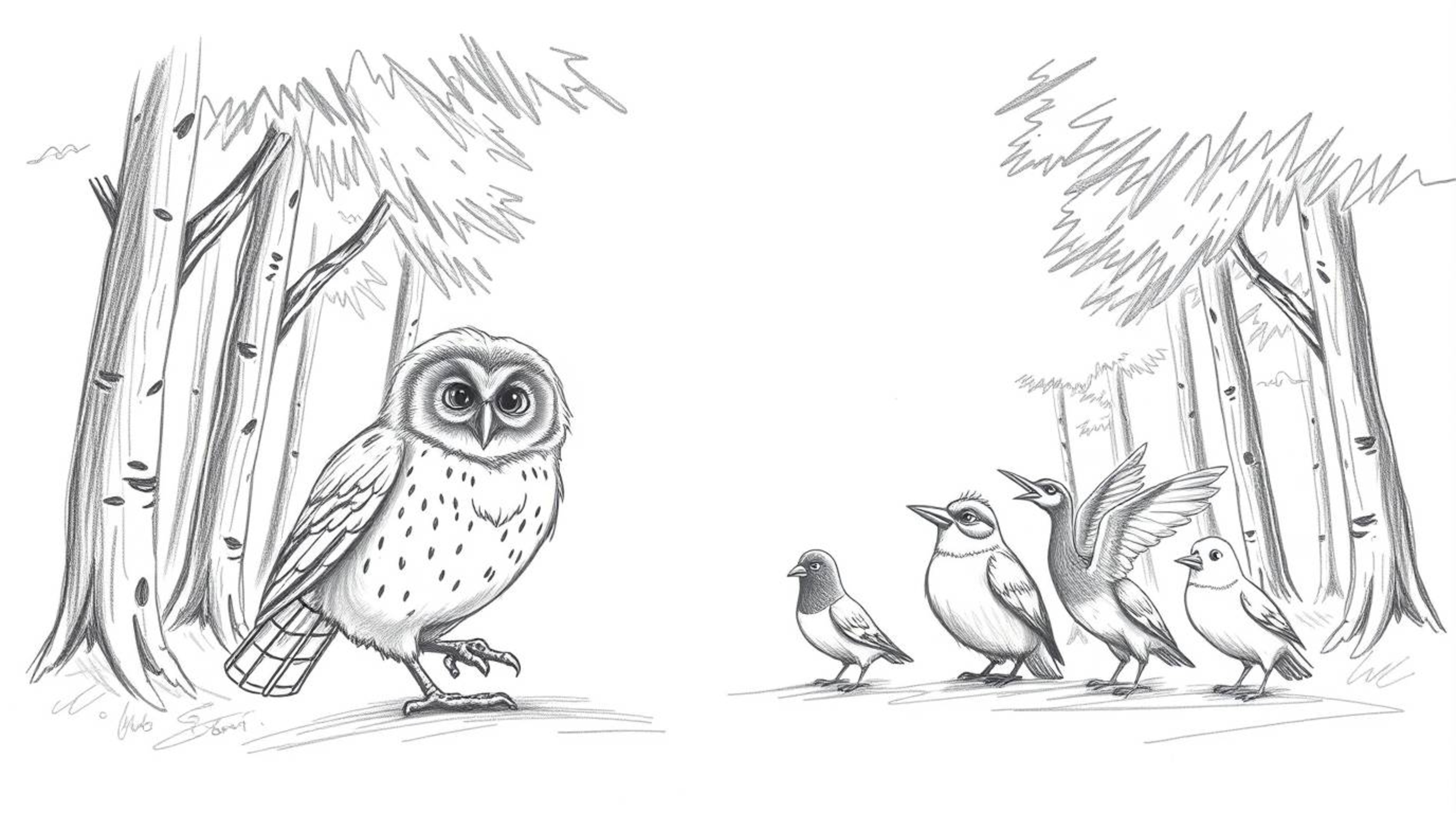 A heartwarming hand-drawn pencil sketch in the style of Pixar, depicting a wise blind owl patiently instructing a diverse gro