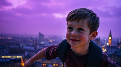 A captivating image of a young boy with rosy cheeks soaring above London with the aid of pixie dust. The scene is bathed in d