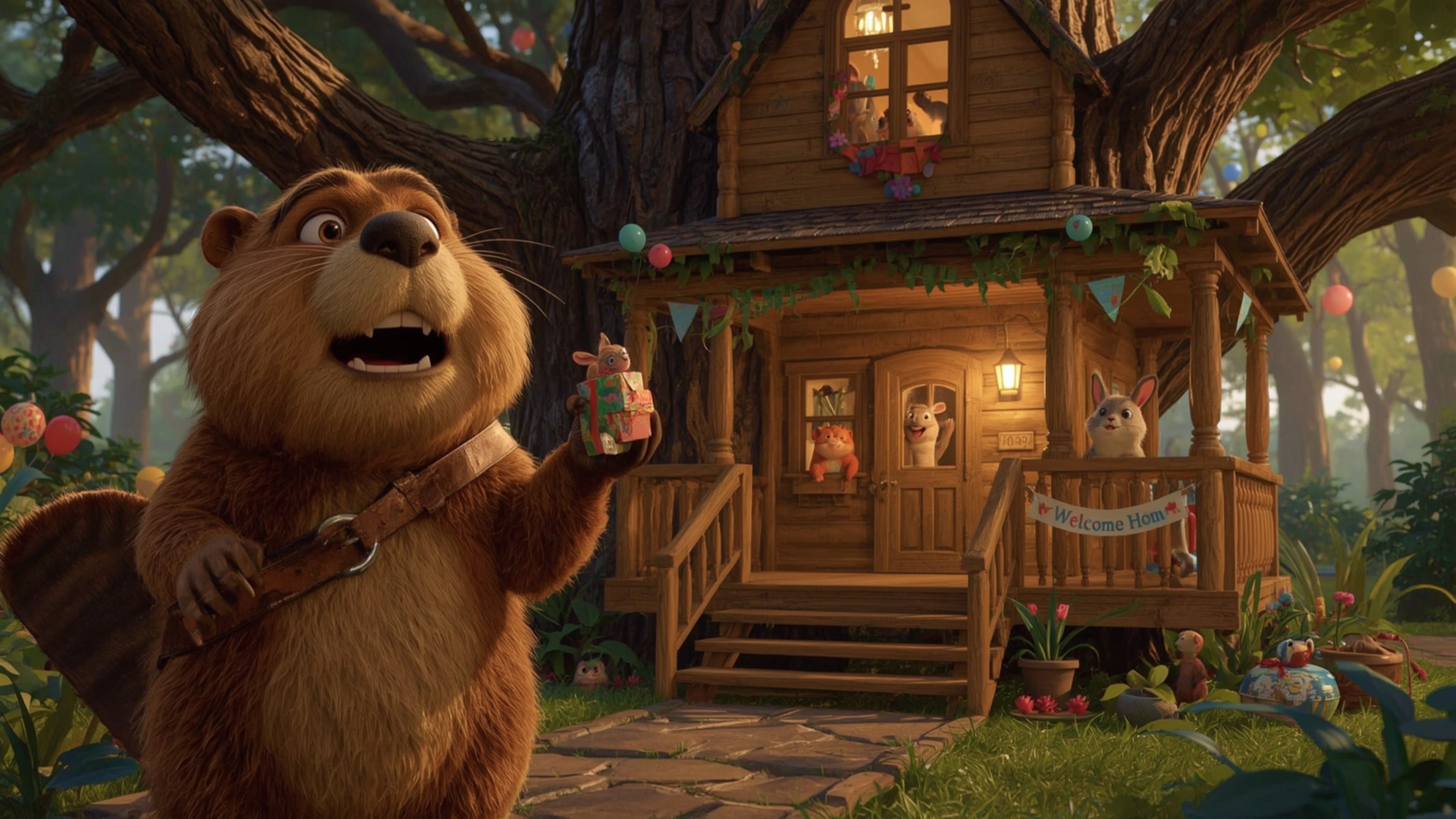 A high-resolution, professional-quality stock photo depicts a beaver with shiny, brown fur, wearing a tiny tool belt, standin