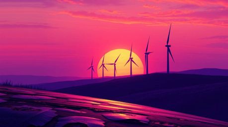 A stunning digital painting capturing a sunset scene where deep ultraviolet hues paint the sky behind a row of wind turbines 