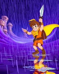 A brave Disney-style hero embarks on a thrilling desert adventure, drenched in a mesmerizing deep ultraviolet rain. Vivid pu