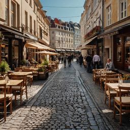 Capture the vibrant essence of a bustling European city street, characterized by its narrow, charming cobblestone roads. Pict