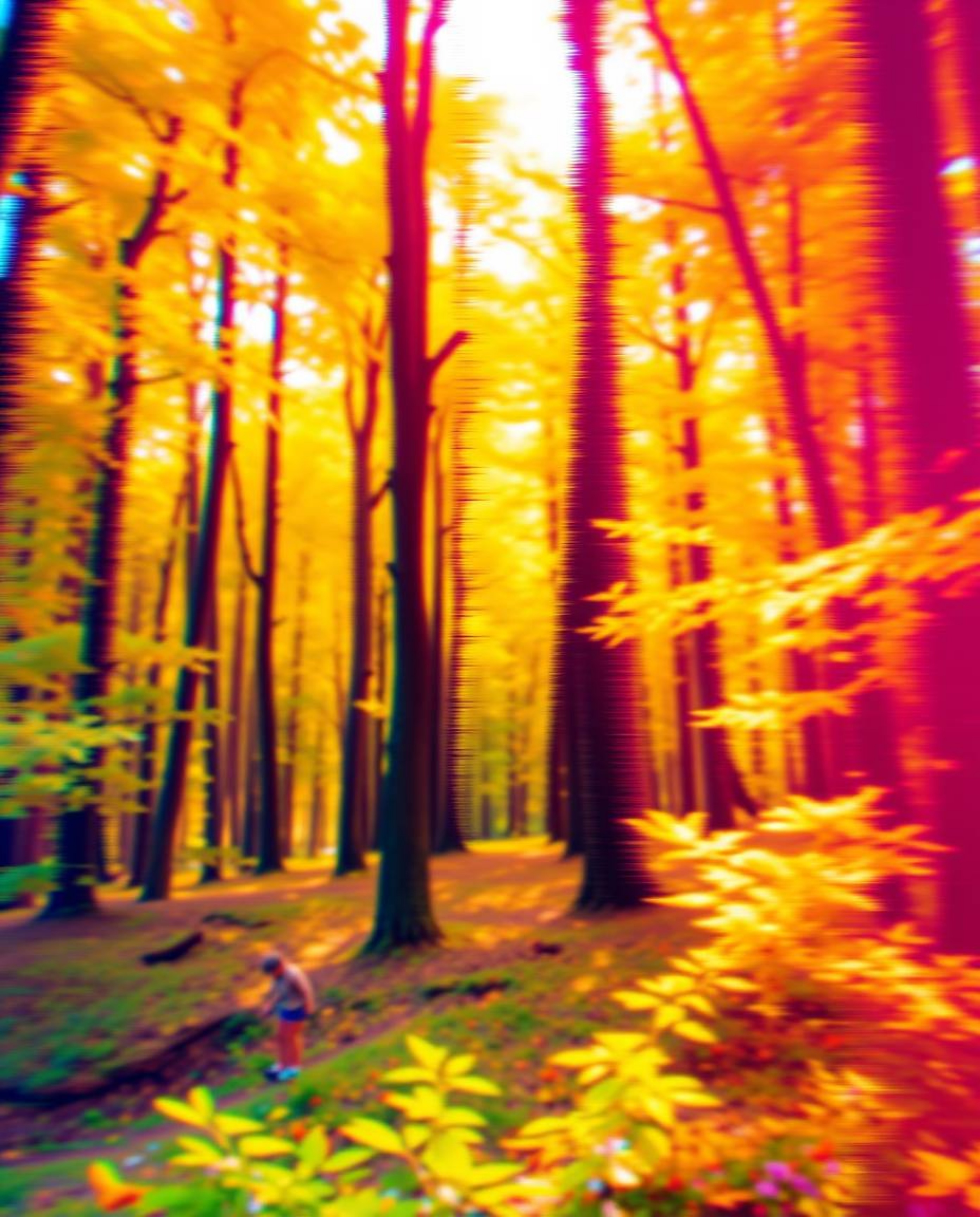 A captivating image showcasing a digital glitch effect layered over a vibrant natural forest scene.  The surreal contrast bet