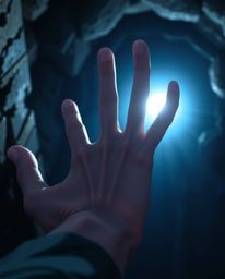 Experience an intense macro close-up view of a hand stretching towards light within a dark expanse, rendered in a captivating