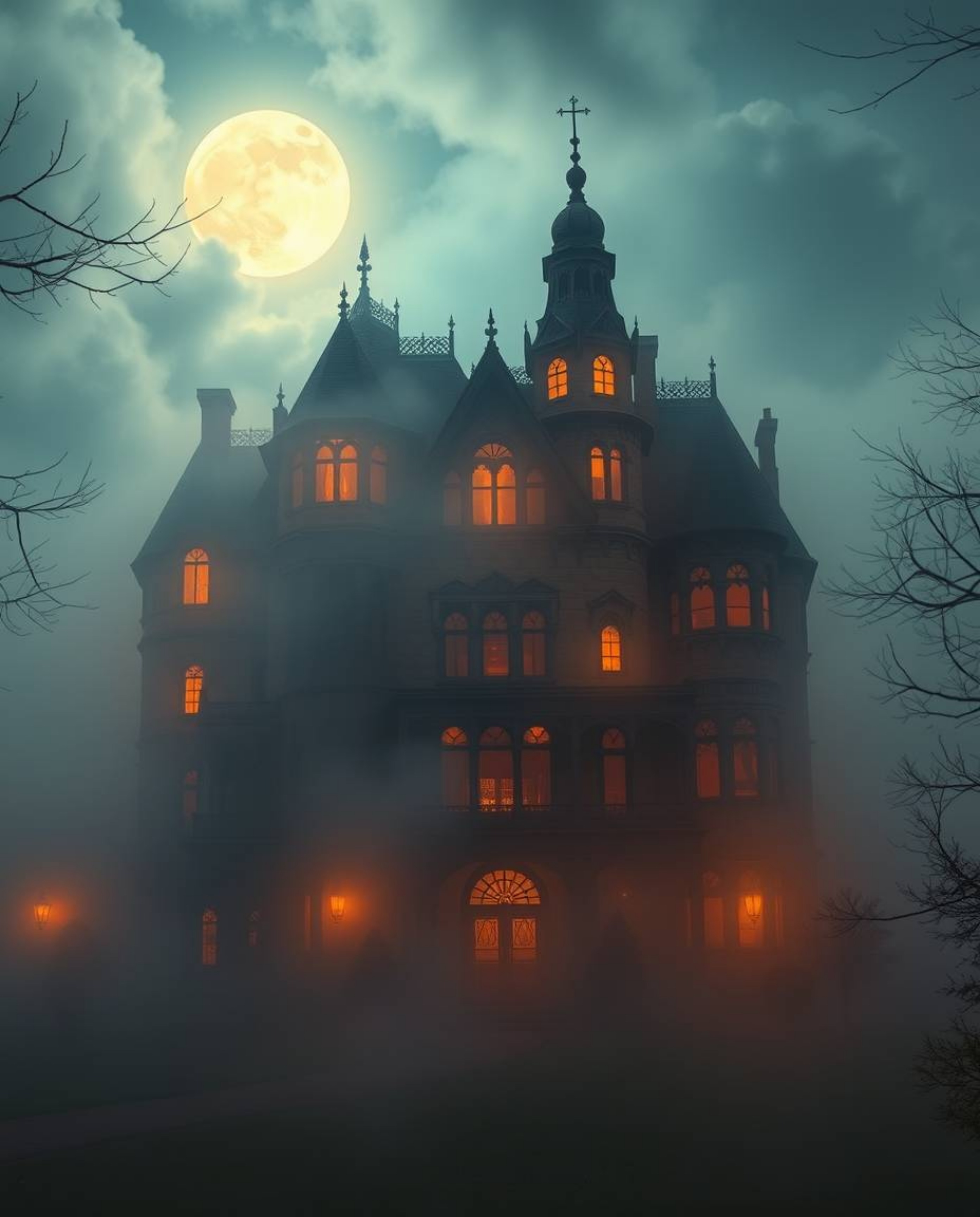 Experience a grand and epic scene featuring a fog-covered Victorian mansion bathed in moonlight.  Rendered in electric vivid 
