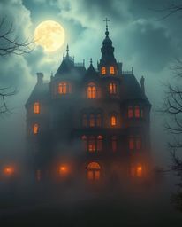 Experience a grand and epic scene featuring a fog-covered Victorian mansion bathed in moonlight.  Rendered in electric vivid 