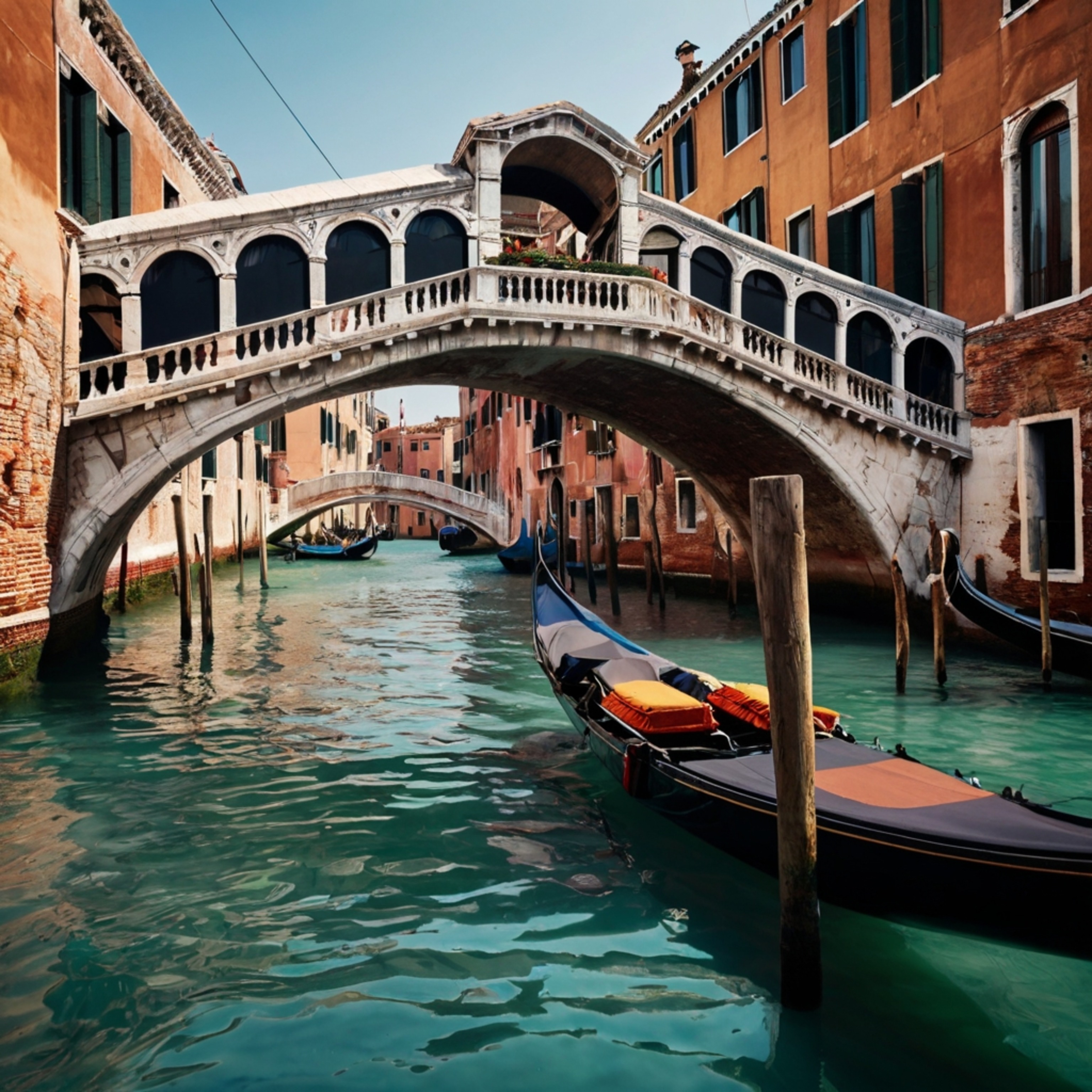 Capture the timeless beauty of Venice with this image of a traditional Venetian bridge gracefully arching over a tranquil can