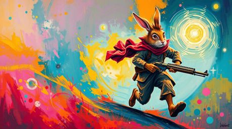 This vibrant acrylic painting depicts a wacky rabbit in a comical escape from a hunter. The bold use of color and textured br