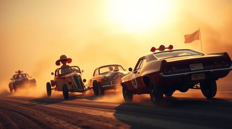 This fine art photograph captures a wacky racing scene featuring outlandish cars in a soft, warm-toned, and ethereal style. T