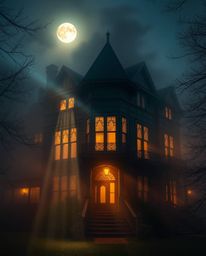 A stunning image depicting a fog-covered Victorian mansion bathed in the ethereal glow of moonlight. Vibrant volumetric light