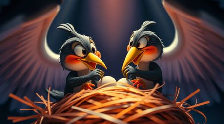 An extreme close-up showcasing two cartoon birds meticulously constructing a nest. Rendered in a classic animation style wit
