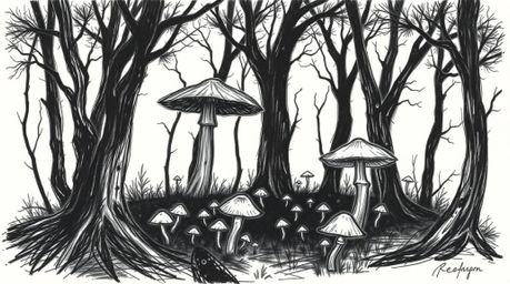 Explore a captivating vintage-style enchanted forest rendered in a hand-drawn sketch using intense jet black ink. This artwor